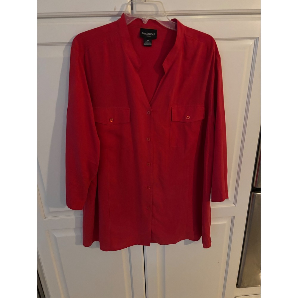 Bay Studio Plus Womens 3X Red 100% Silk Button Down Shirt Long Sleeve Top 40004